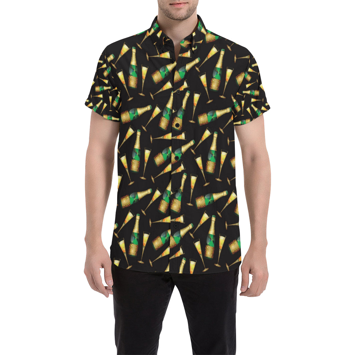 Champagne Pattern Print Design 02 Men's Short Sleeve Button Up Shirt