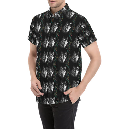 Wolf Black Dream Catcher Design Print Men's Short Sleeve Button Up Shirt