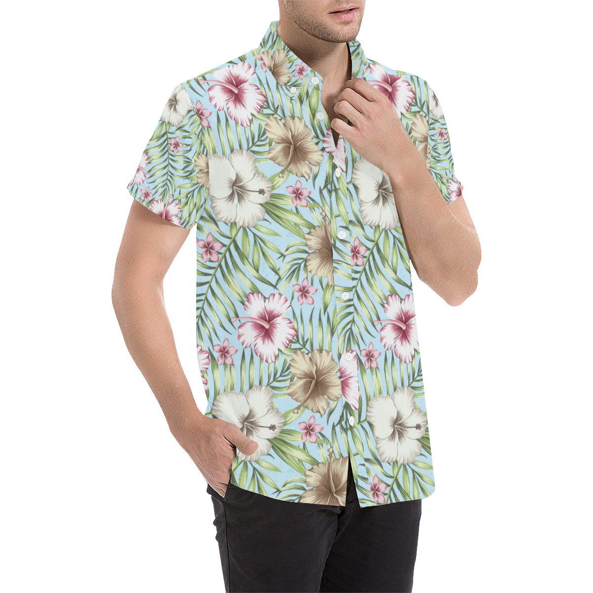 Tropical Flower Pattern Print Design TF05 Men's Short Sleeve Button Up Shirt