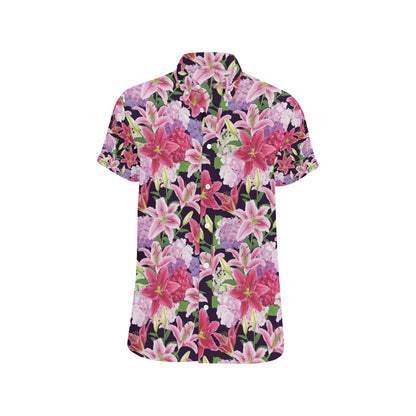 Lily Pattern Print Design LY017 Men's Short Sleeve Button Up Shirt