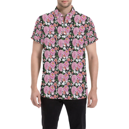 Dahlia Pattern Print Design 02 Men's Short Sleeve Button Up Shirt