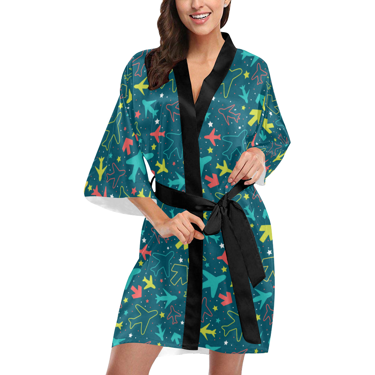 Airplane Pattern Print Design 05 Women's Short Kimono