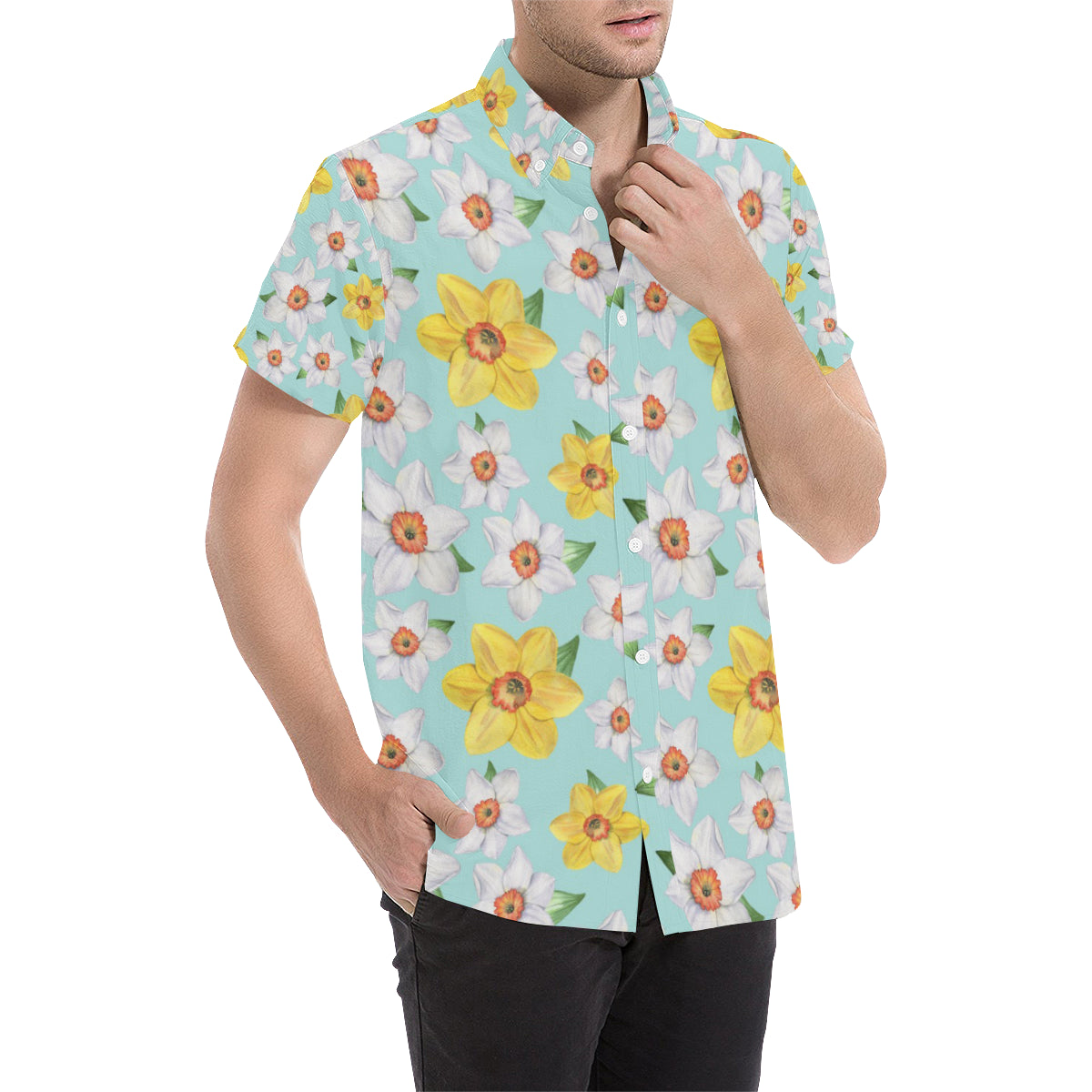 Daffodils Pattern Print Design DF07 Men's Short Sleeve Button Up Shirt