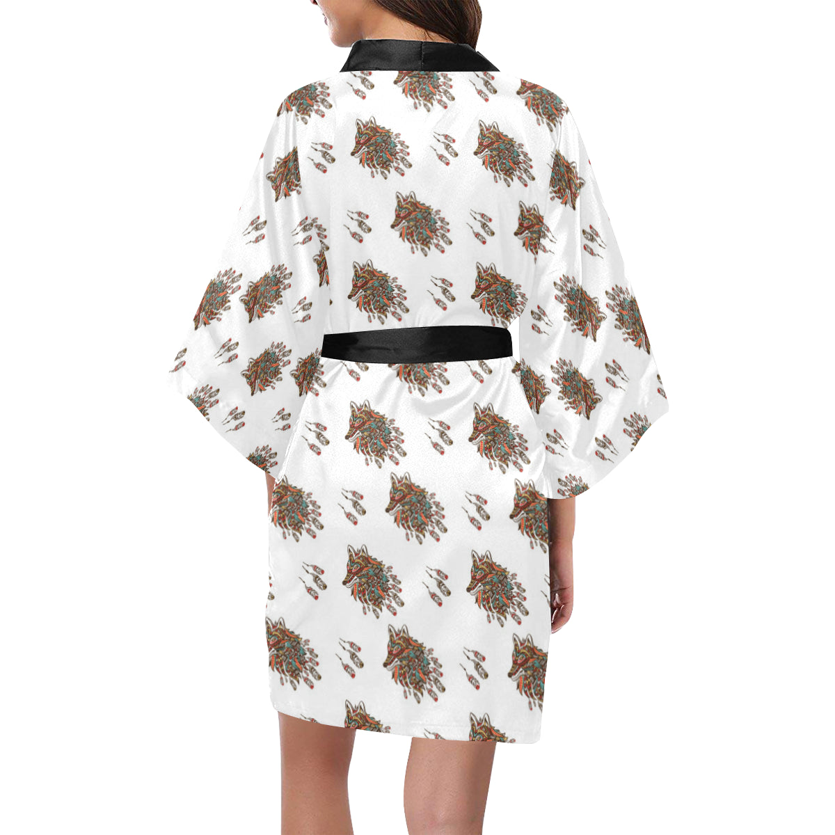 Aztec Wolf Pattern Print Design 02 Women's Short Kimono