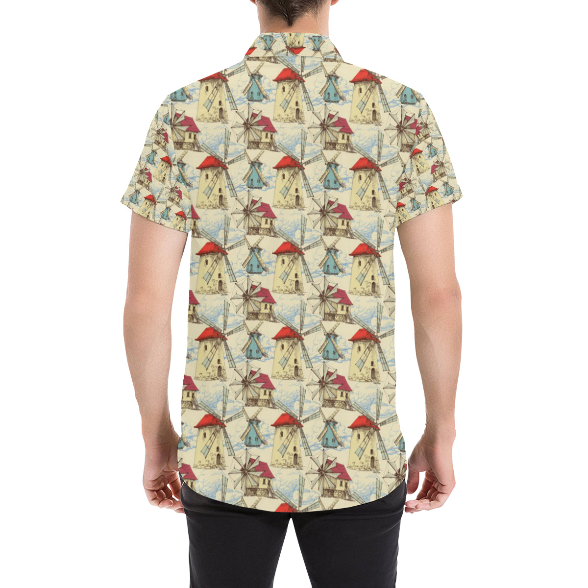 Windmill Pattern Print Design 01 Men's Short Sleeve Button Up Shirt