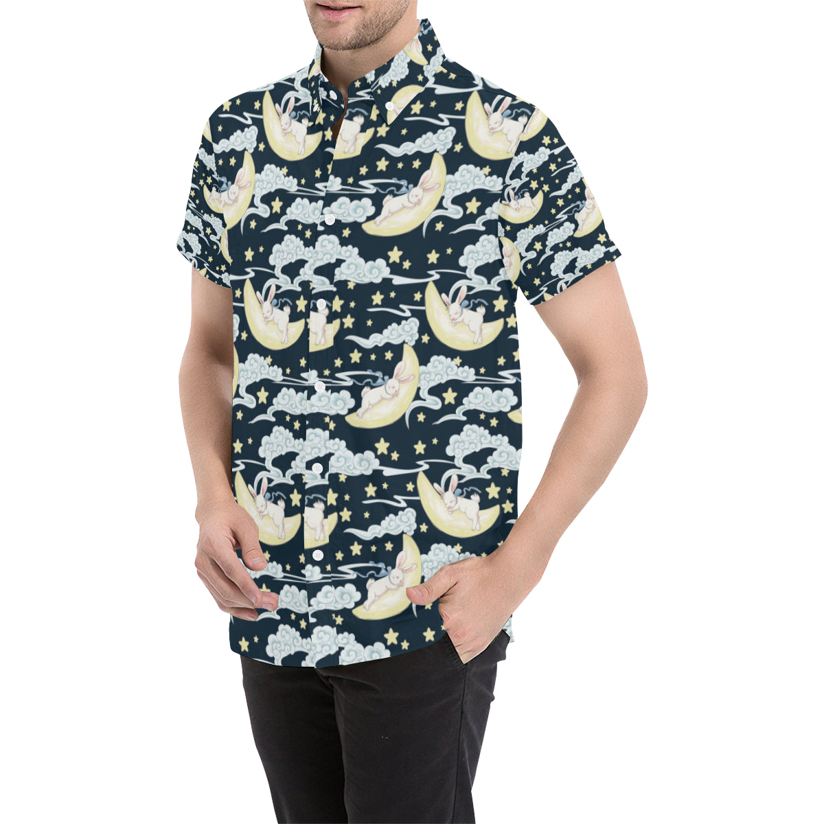 Rabbit Sleeping Pattern Print Design RB08 Men's Short Sleeve Button Up Shirt