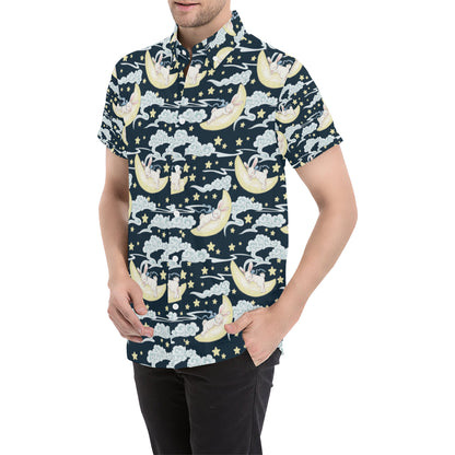 Rabbit Sleeping Pattern Print Design RB08 Men's Short Sleeve Button Up Shirt