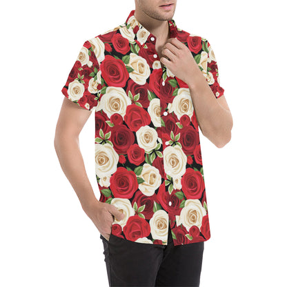 Rose Pattern Print Design RO06 Men's Short Sleeve Button Up Shirt