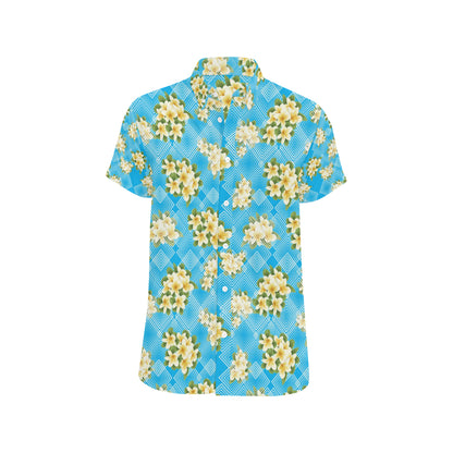 Yellow Plumeria Design Print Pattern Men's Short Sleeve Button Up Shirt