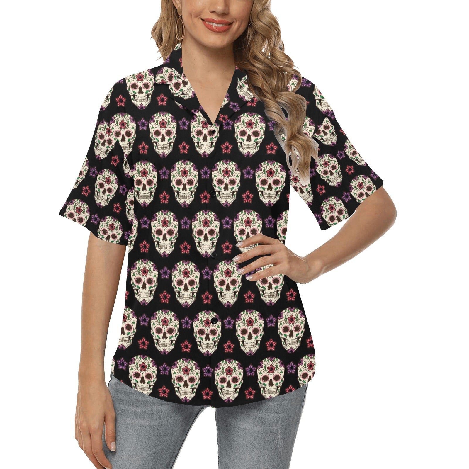 Sugar Skull Print Design LKS304 Women's Hawaiian Shirt