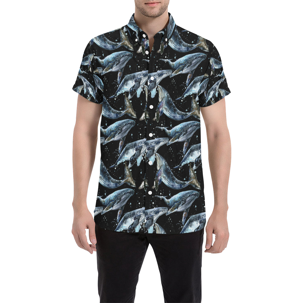 Humpback Whale Pattern Print Design 01 Men's Short Sleeve Button Up Shirt