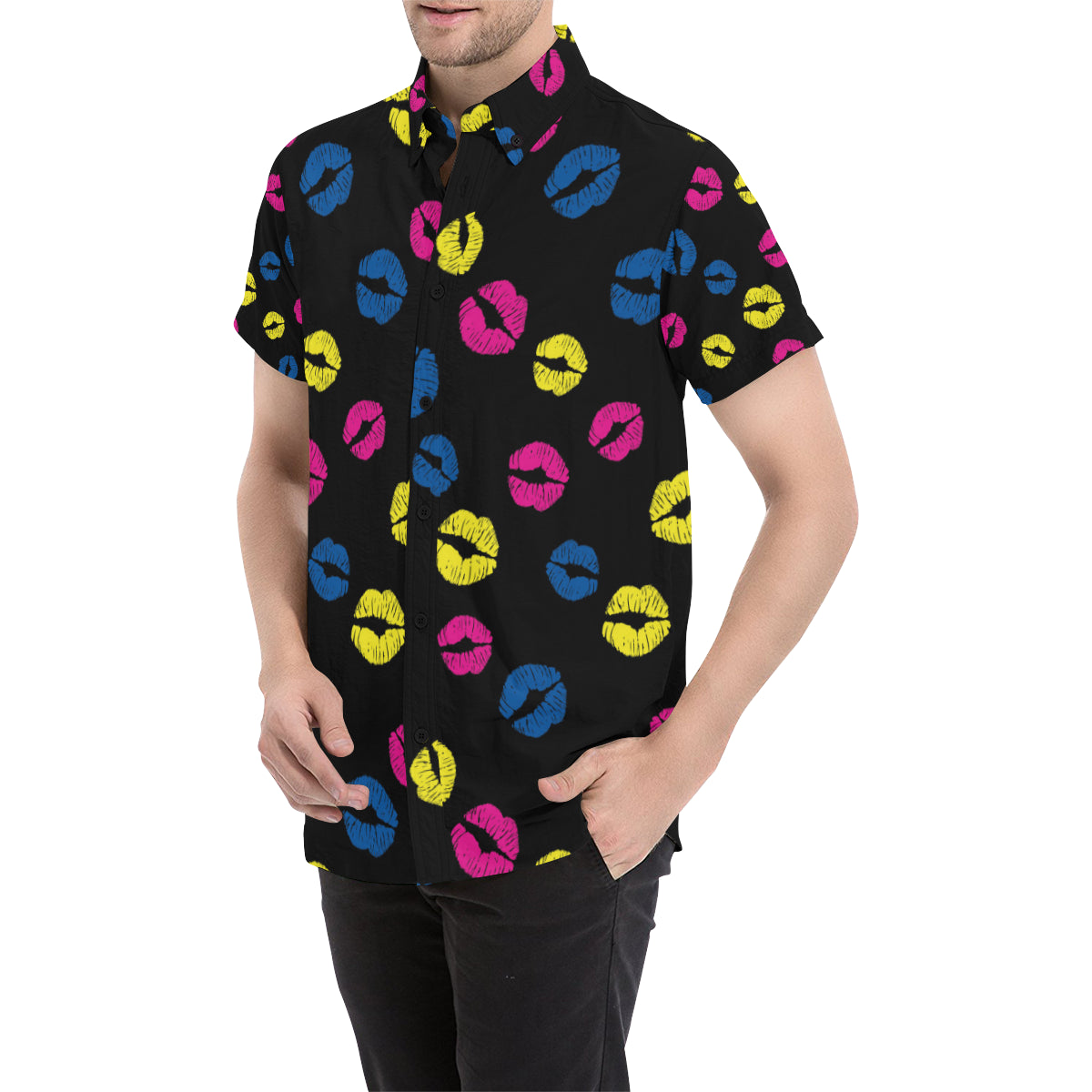 Lip Neon Color Pattern Print Design 01 Men's Short Sleeve Button Up Shirt