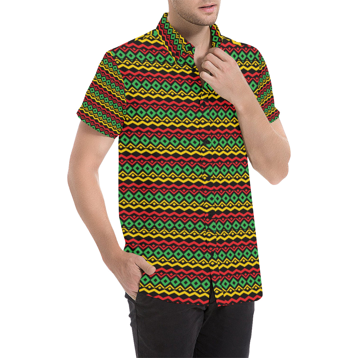 Rasta Reggae Color Themed Men's Short Sleeve Button Up Shirt
