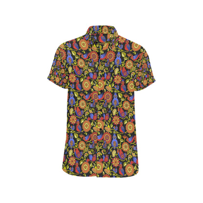 Steampunk Bird Design Themed Print Men's Short Sleeve Button Up Shirt