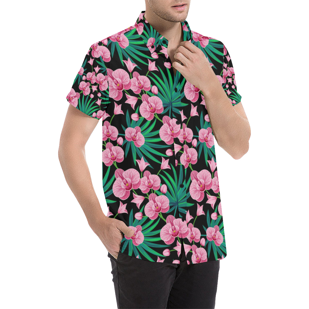 Orchid Pink Pattern Print Design OR06 Men's Short Sleeve Button Up Shirt