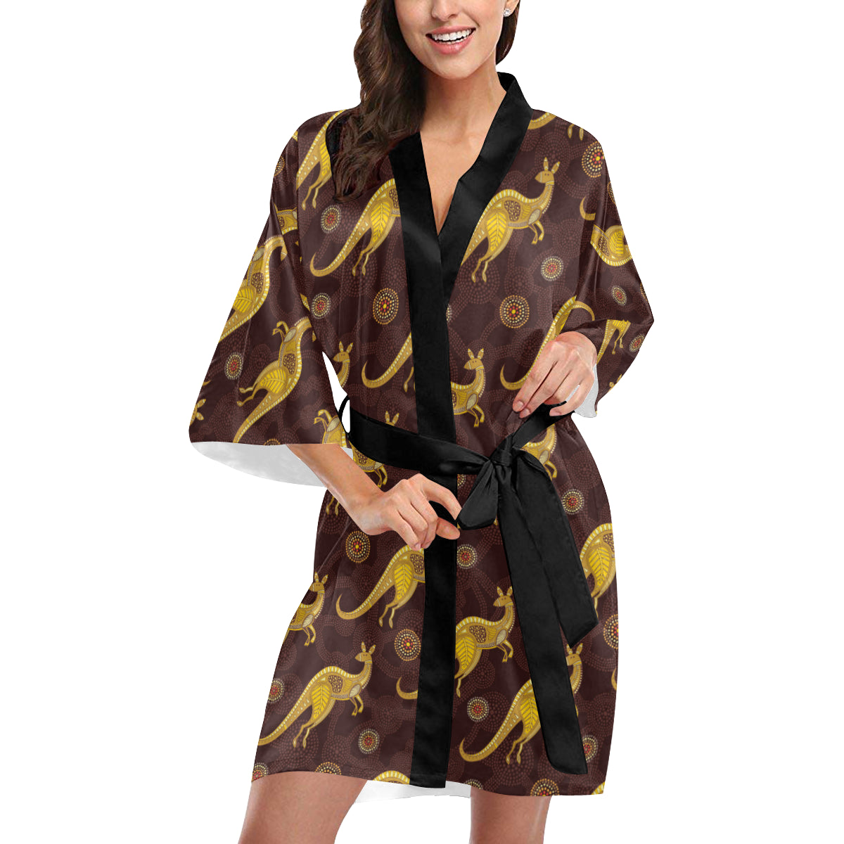 Kangaroos Aboriginal Pattern Print Design 08 Women's Short Kimono