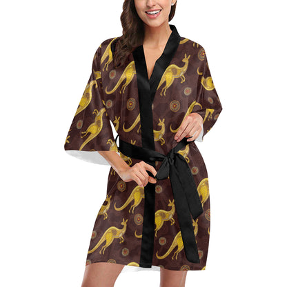 Kangaroos Aboriginal Pattern Print Design 08 Women's Short Kimono