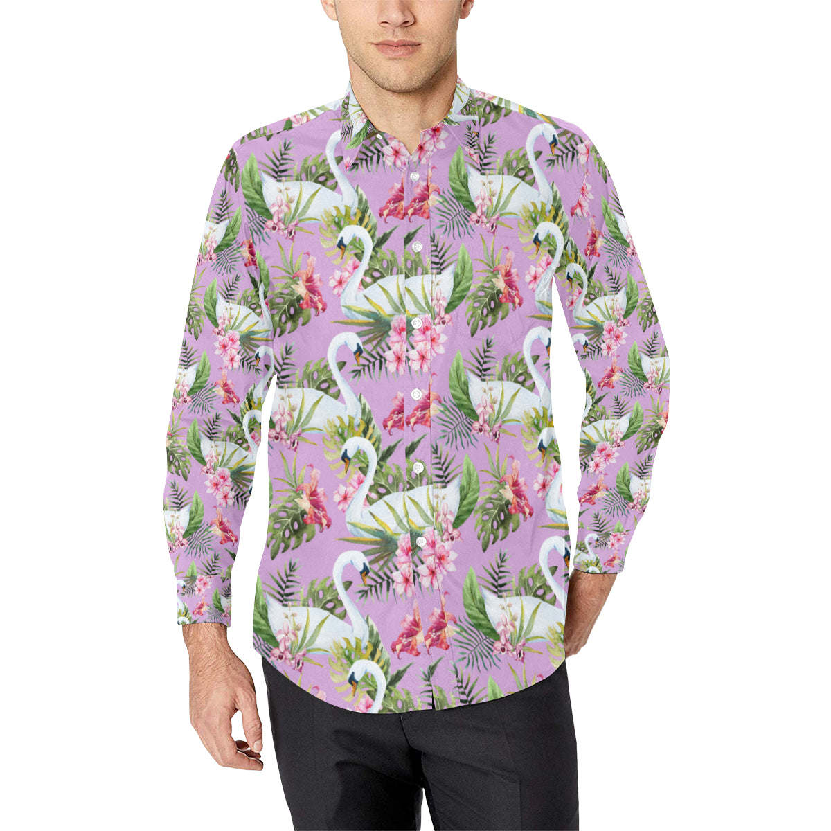 Swan with Flower Pattern Print Design 01 Men's Long Sleeve Shirt