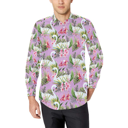 Swan with Flower Pattern Print Design 01 Men's Long Sleeve Shirt