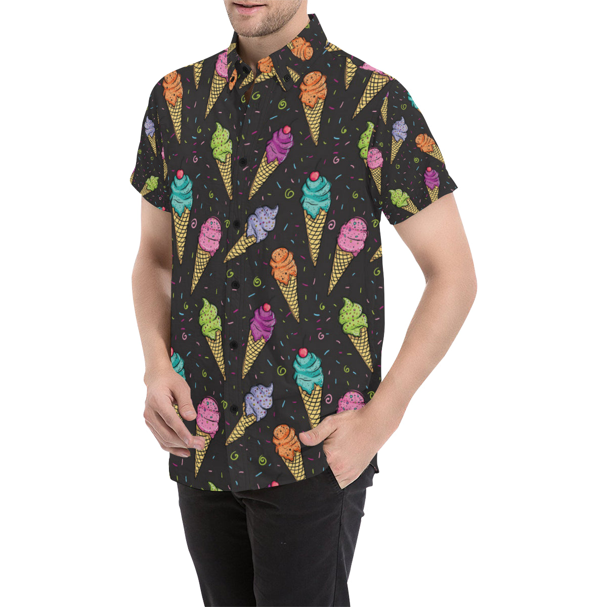 Ice Cream Pattern Print Design IC06 Men's Short Sleeve Button Up Shirt
