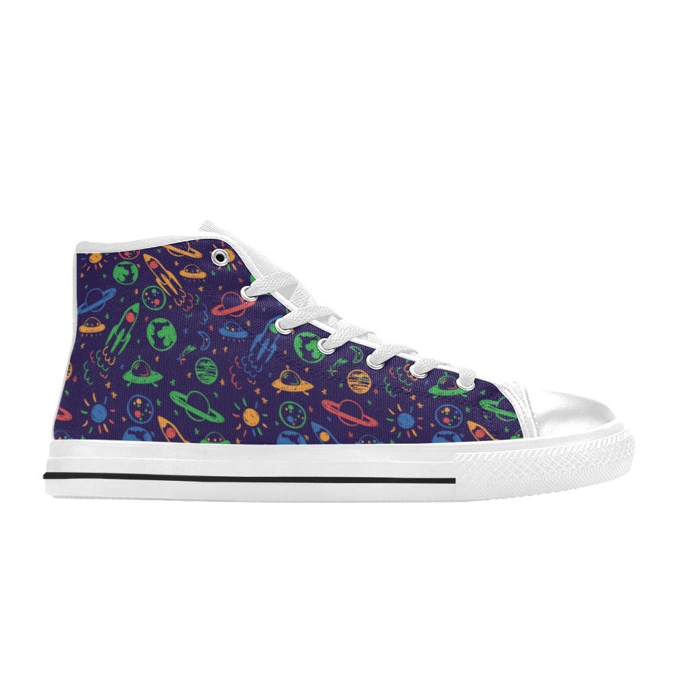 UFO Space Rocket Print Design LKS302 High Top Women's White Shoes