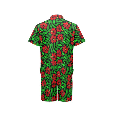 Red Hibiscus Embroidered Pattern Print Design HB032 Men's Romper