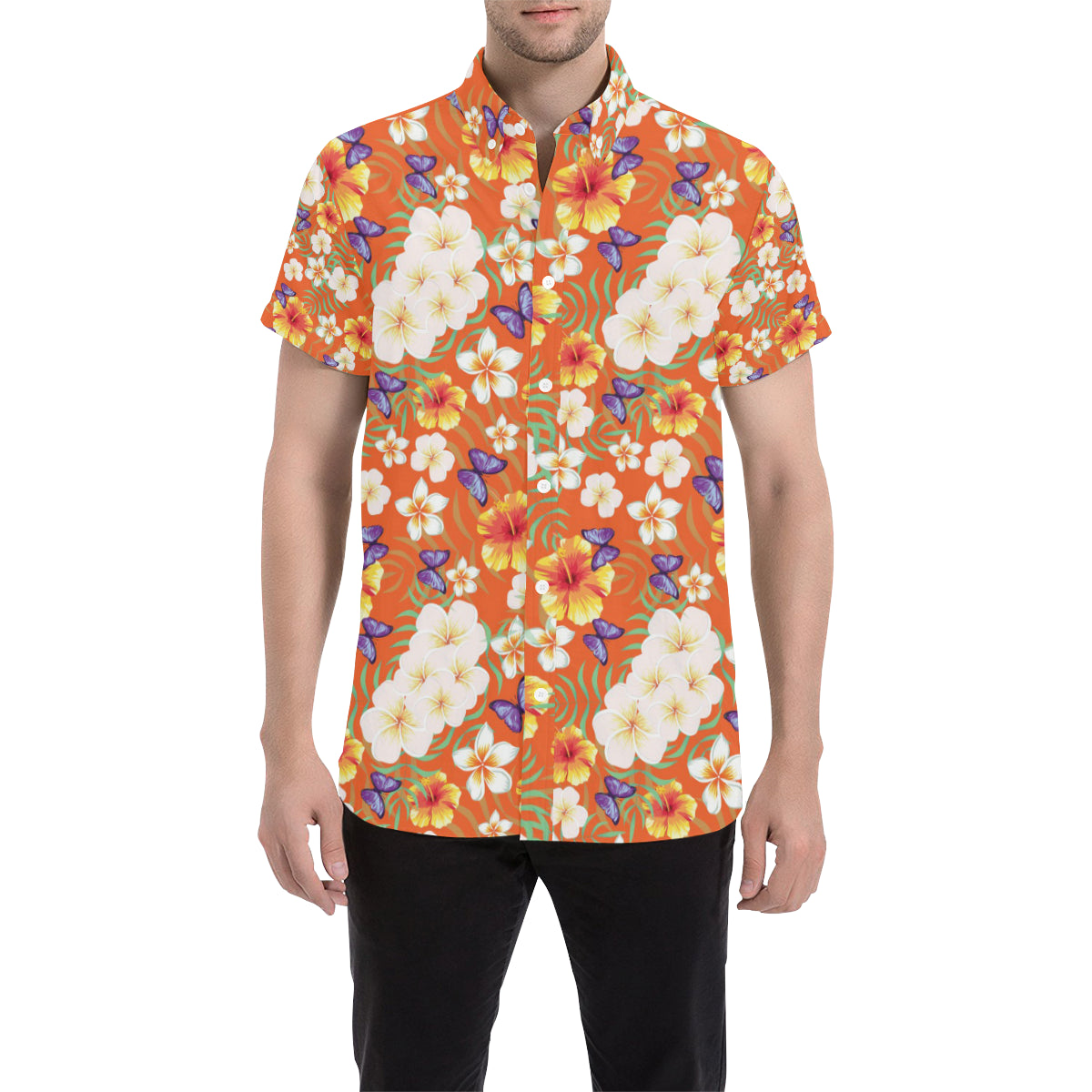 Tropical Flower Pattern Print Design TF027 Men's Short Sleeve Button Up Shirt
