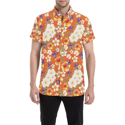 Tropical Flower Pattern Print Design TF027 Men's Short Sleeve Button Up Shirt