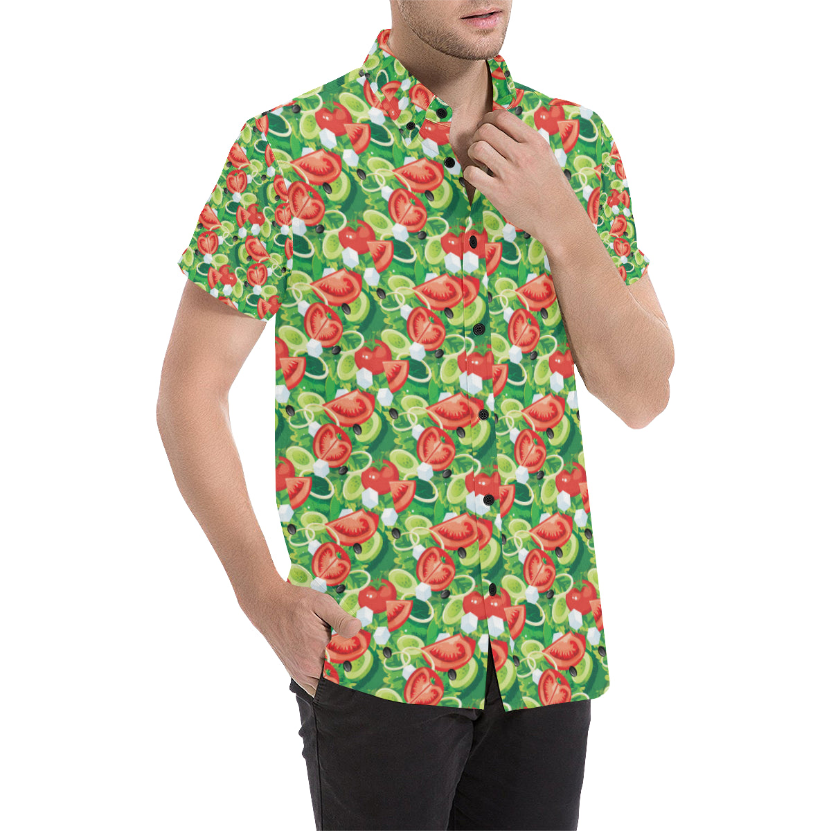 Vegan Salad Themed Design Print Men's Short Sleeve Button Up Shirt