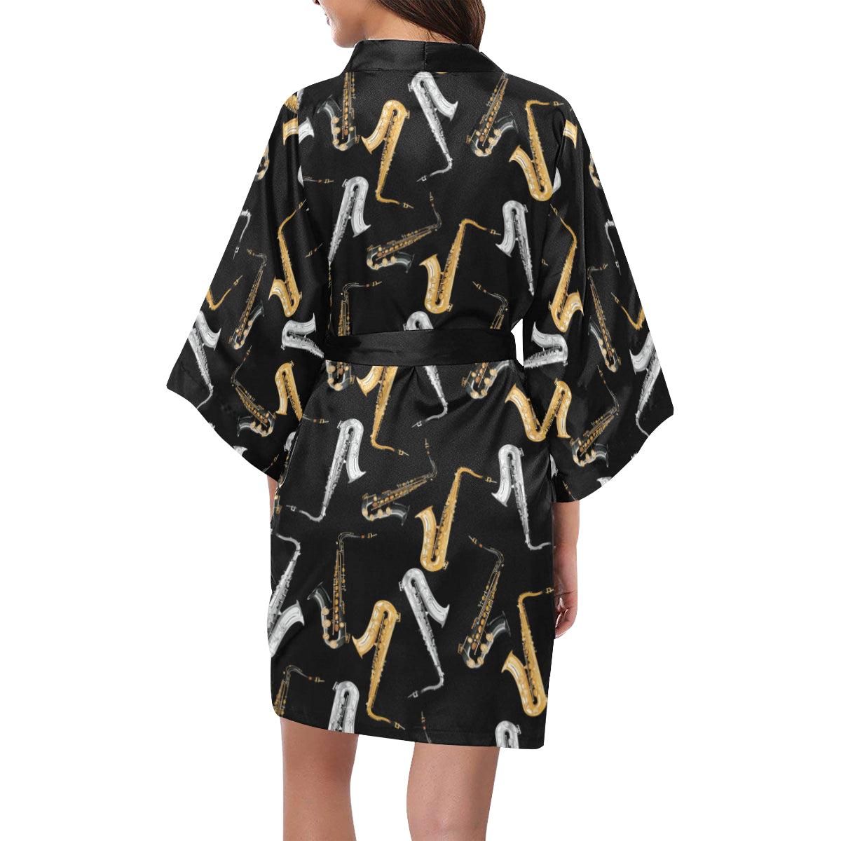 Saxophone Pattern Print Design 01 Women's Short Kimono