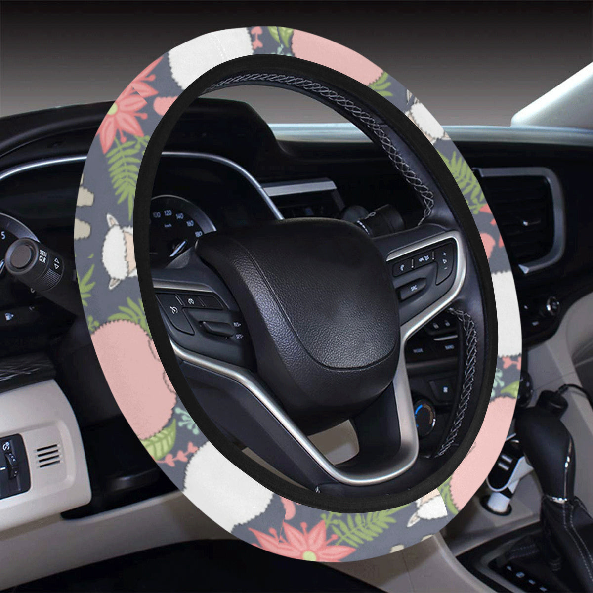 Alpaca Pattern Print Design 03 Steering Wheel Cover with Elastic Edge