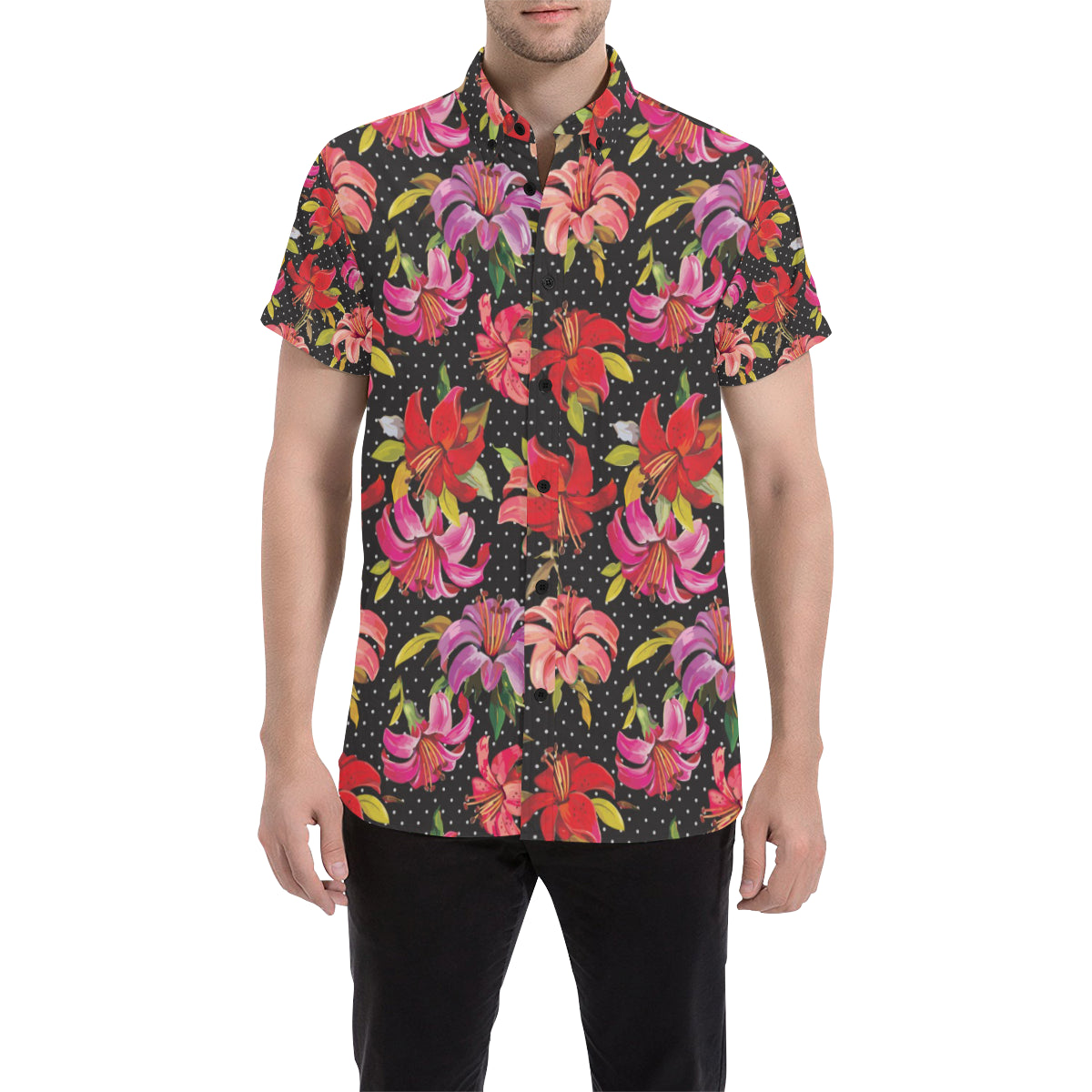 Lily Pattern Print Design LY012 Men's Short Sleeve Button Up Shirt