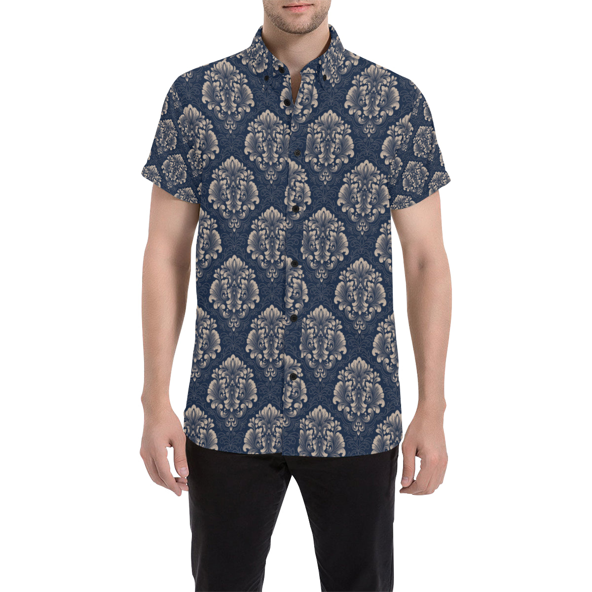 Damask Blue Luxury Print Pattern Men's Short Sleeve Button Up Shirt