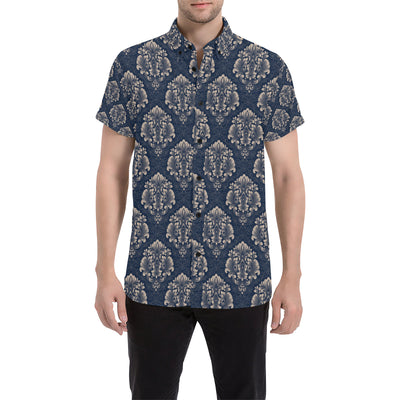 Damask Blue Luxury Print Pattern Men's Short Sleeve Button Up Shirt