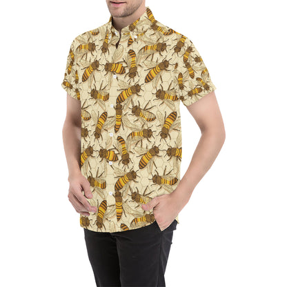 Bee Pattern Print Design BEE05 Men's Short Sleeve Button Up Shirt