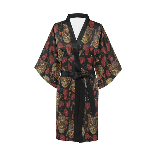 Owl Pattern Print Design A08 Women's Short Kimono