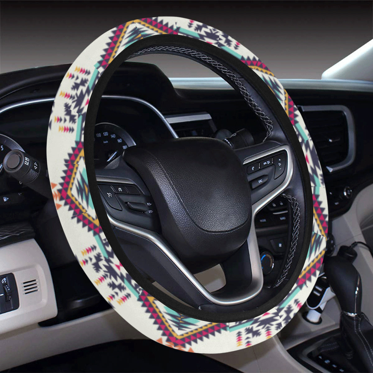 Indian Navajo Art Themed Design Print Steering Wheel Cover with Elastic Edge
