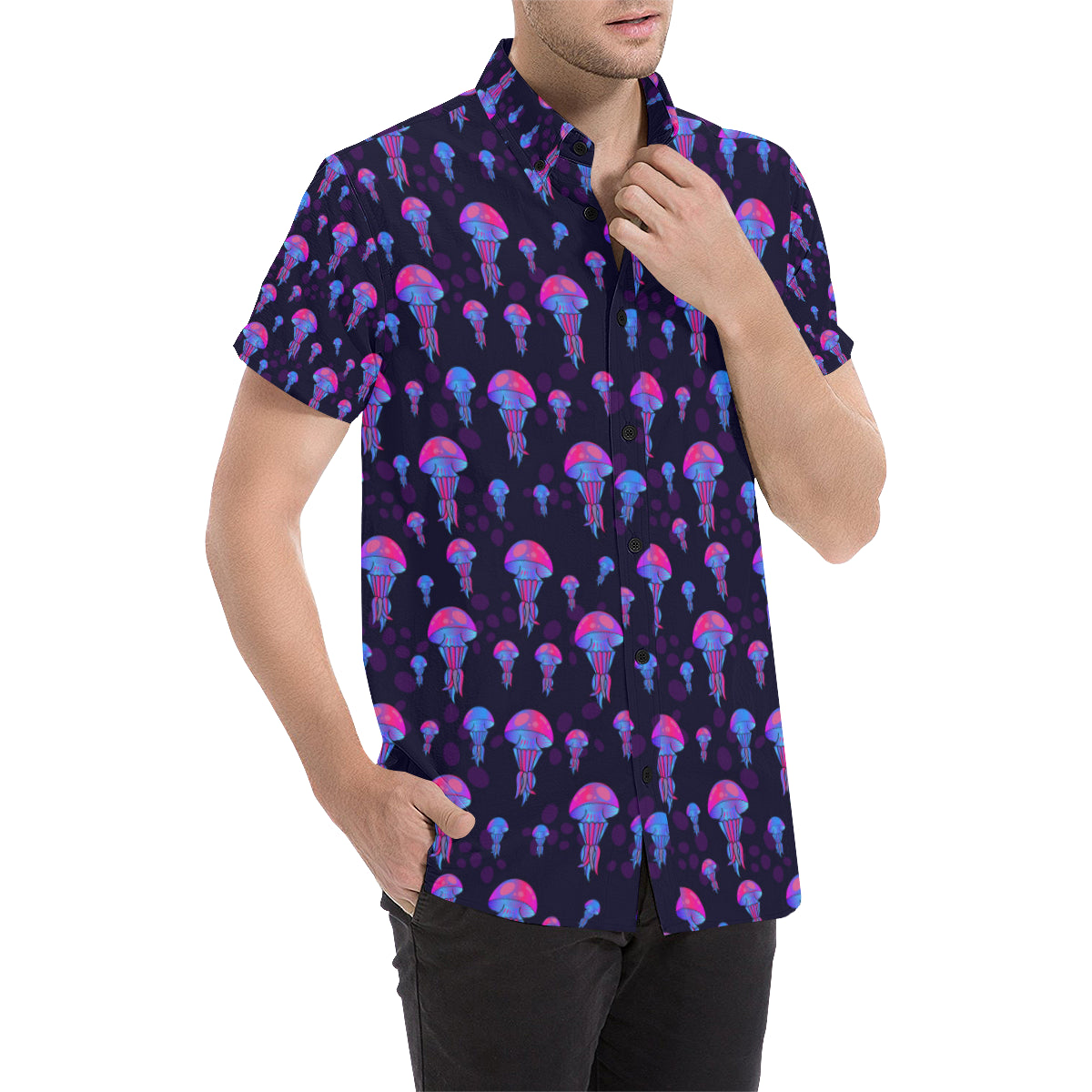 Jellyfish Neon Print Men's Short Sleeve Button Up Shirt