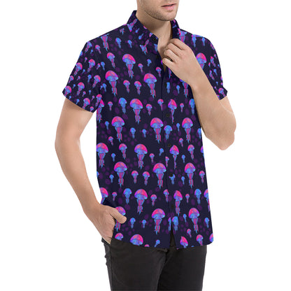 Jellyfish Neon Print Men's Short Sleeve Button Up Shirt