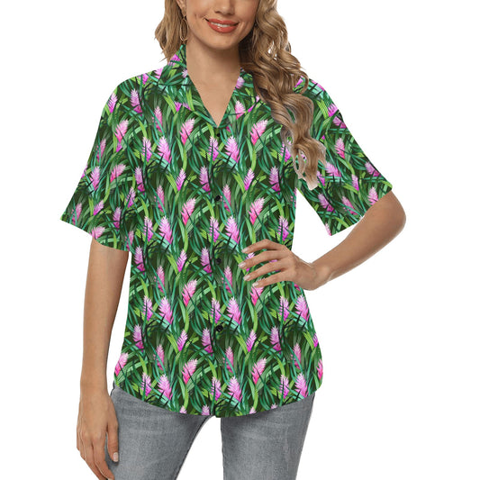 Tropical Folower Pink Heliconia Print Women's Hawaiian Shirt