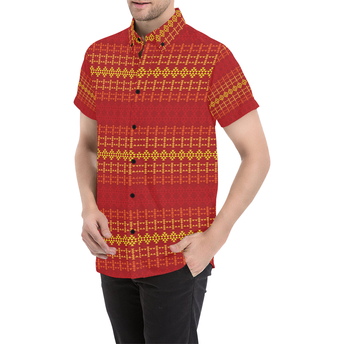 Southwest Red Gold Design Themed Print Men's Short Sleeve Button Up Shirt