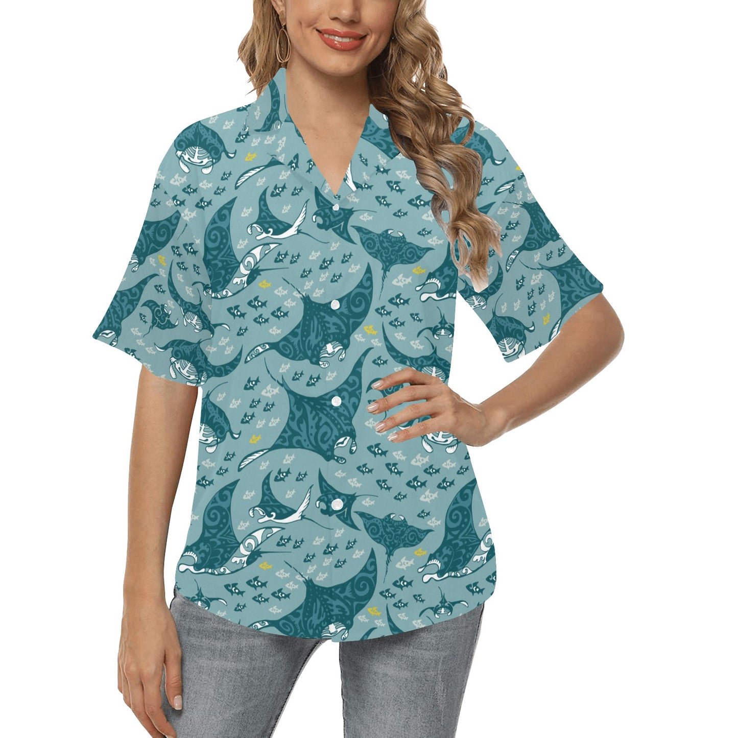 Manta Ray Tribal Pattern Print Design 03 Women's Hawaiian Shirt
