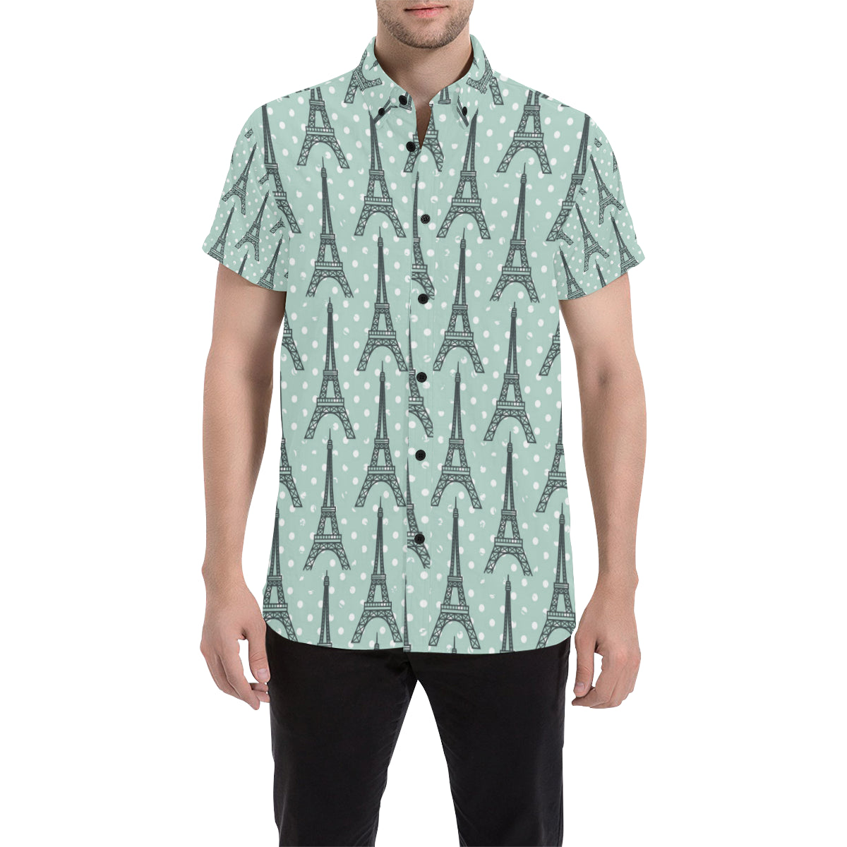 Eiffel Tower Polka Dot Print Men's Short Sleeve Button Up Shirt