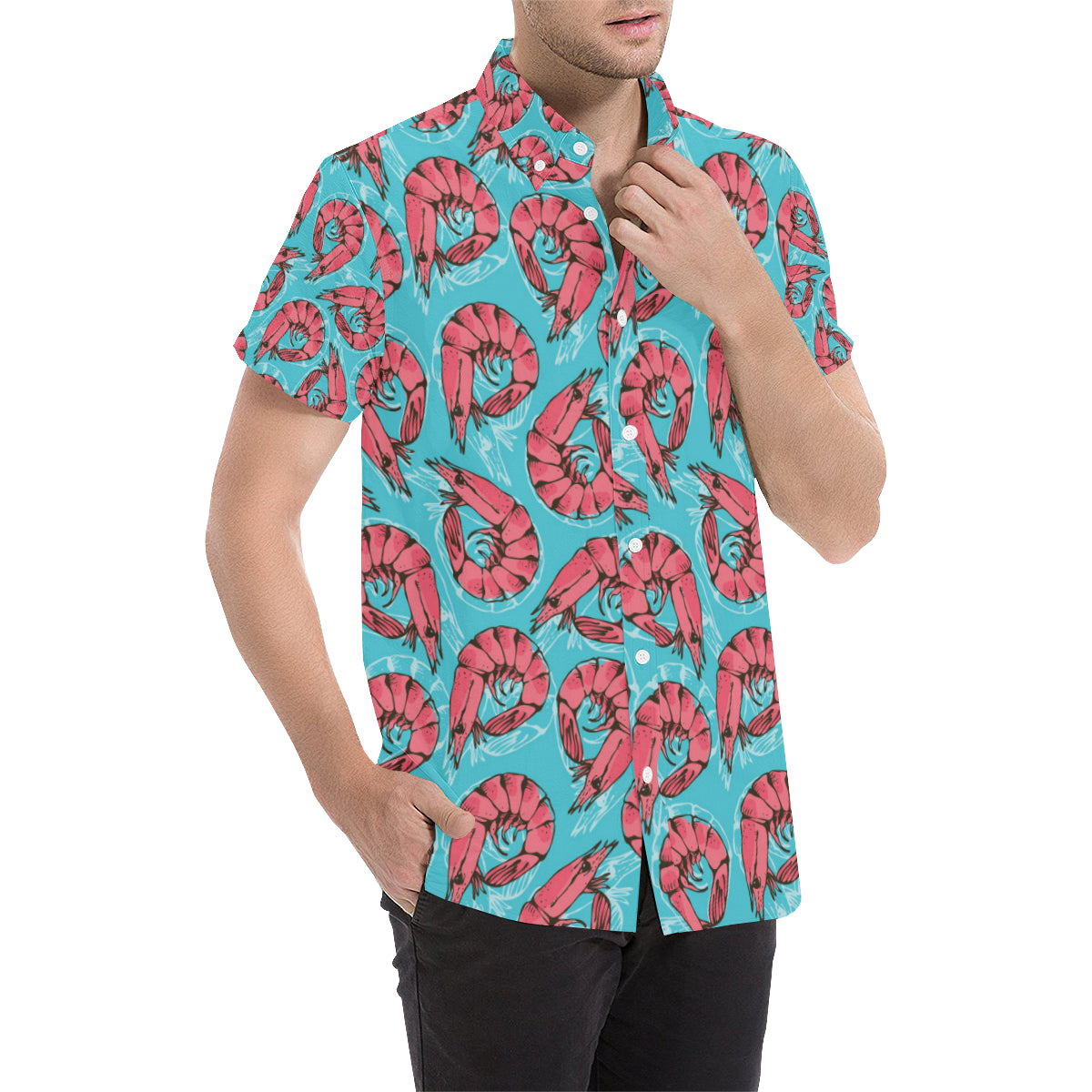 Prawn Pattern Print Design 01 Men's Short Sleeve Button Up Shirt
