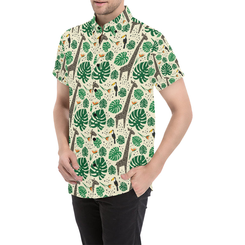 Rainforest Giraffe Pattern Print Design A02 Men's Short Sleeve Button Up Shirt