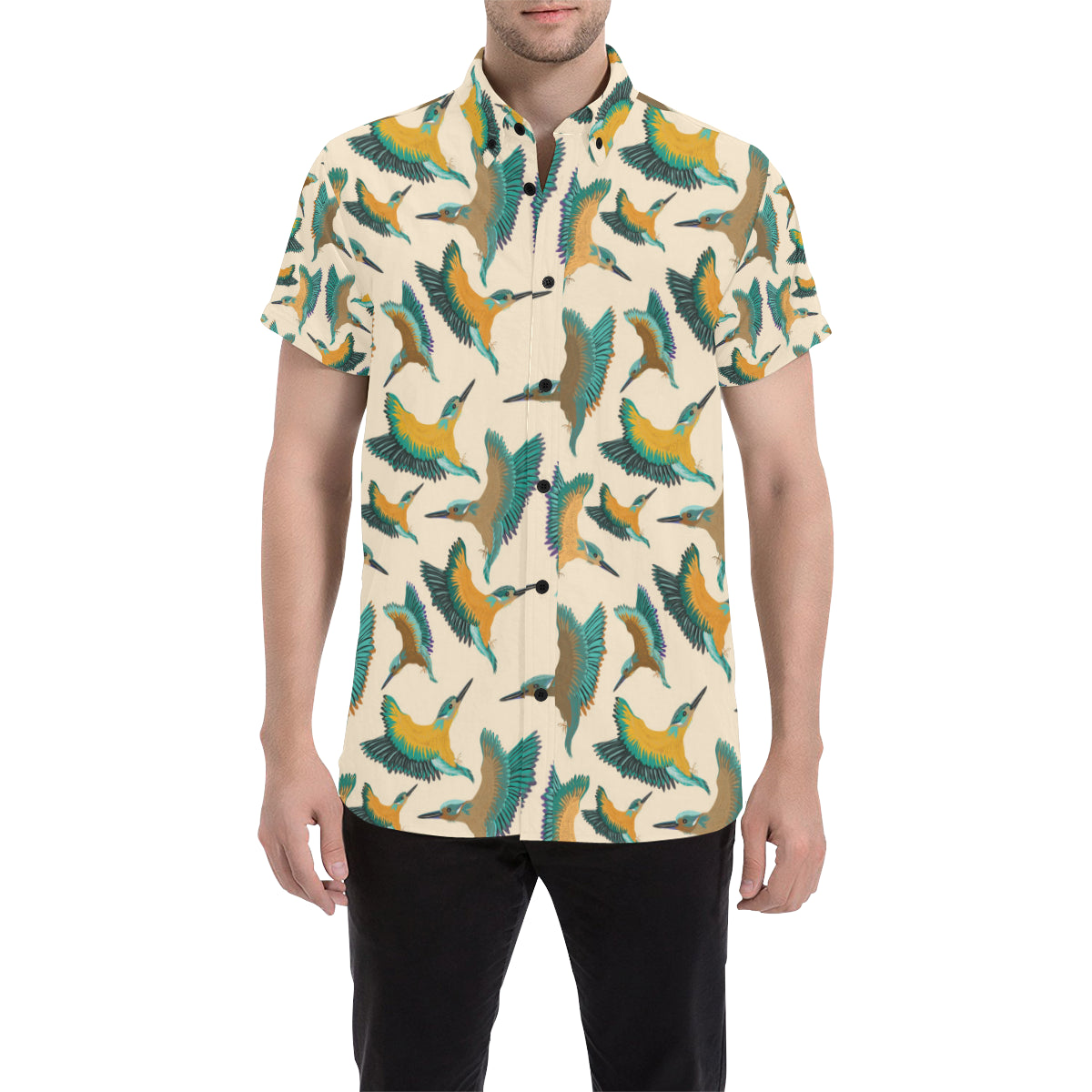 Kingfisher Pattern Print Design 02 Men's Short Sleeve Button Up Shirt