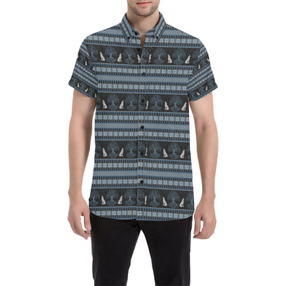Wolf Tree of Life Knit Design Print Men's Short Sleeve Button Up Shirt