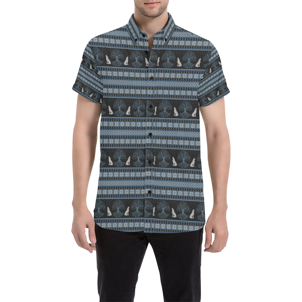 Wolf Tree of Life Knit Design Print Men's Short Sleeve Button Up Shirt