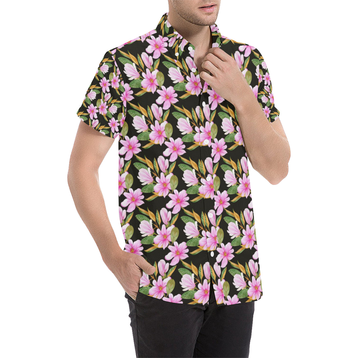 Magnolia Pattern Print Design MAG08 Men's Short Sleeve Button Up Shirt