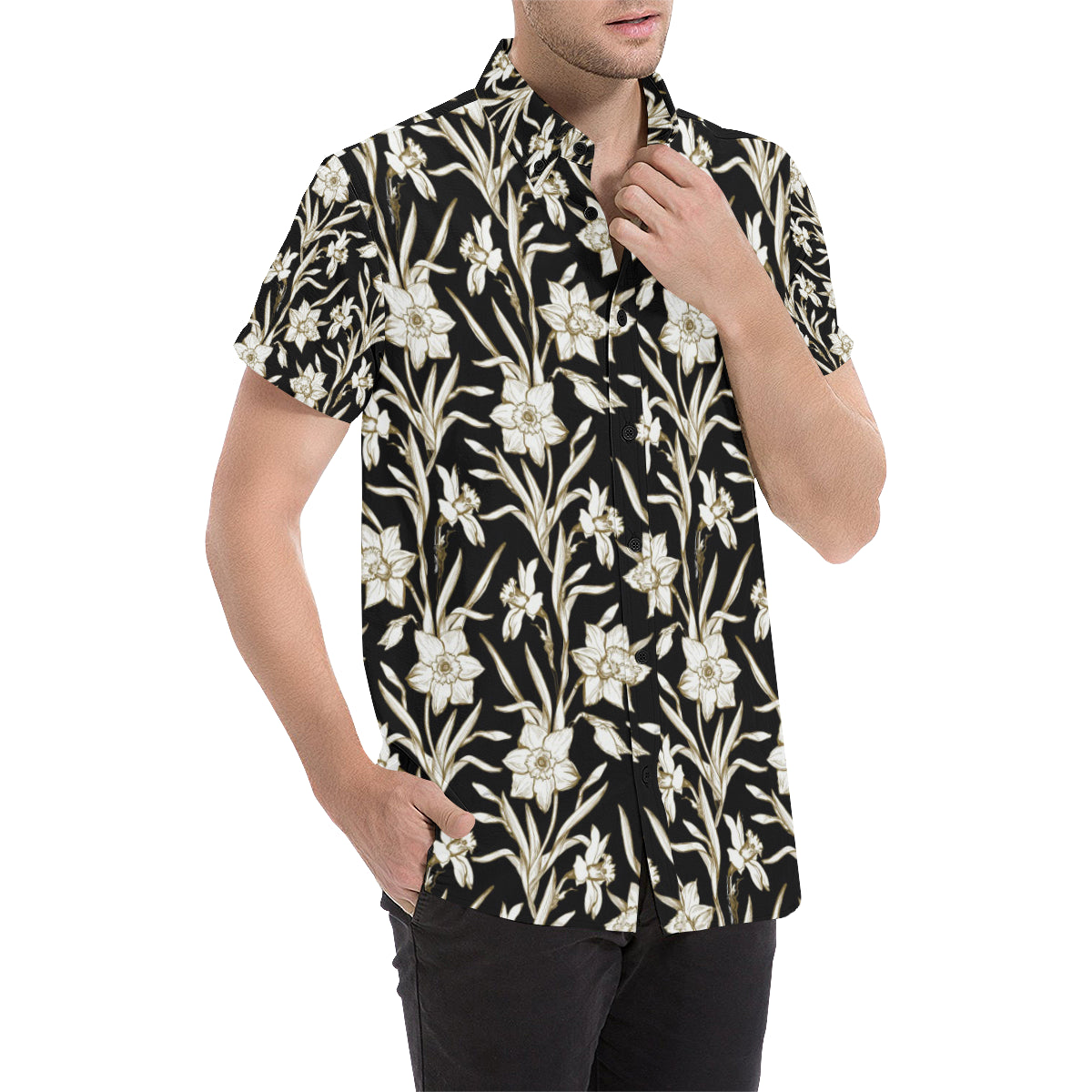 Daffodils Pattern Print Design DF06 Men's Short Sleeve Button Up Shirt